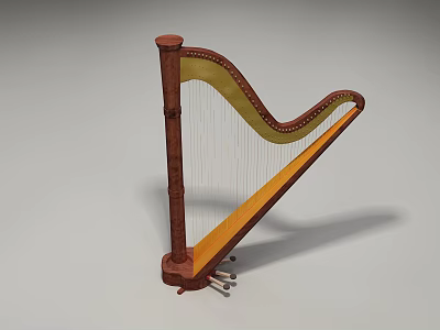 Classic Wooden Harp Instrument With Curved Frame And Metal Strings For Music 3d model