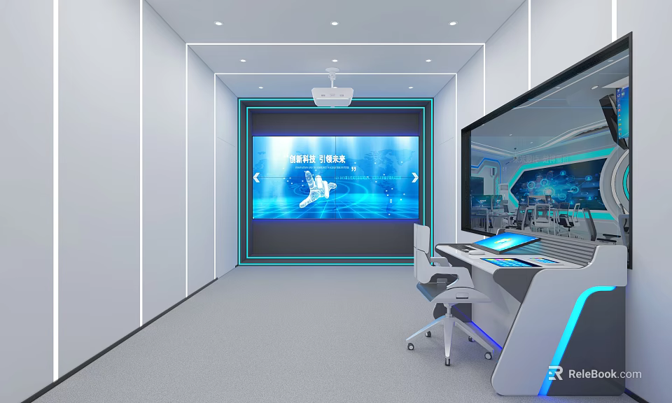 Futuristic High Tech Office Space With Large Digital Display Screen And Intelligent Control Console 3d model 