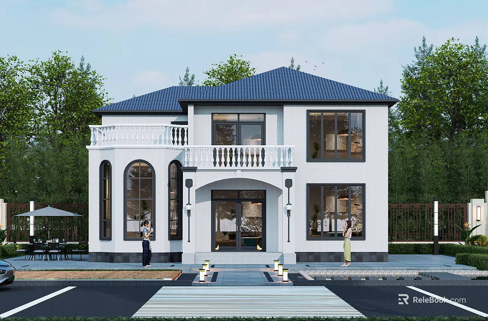Two Story White Detached Villa With Blue Roof Balcony And Green Trees 3d model 