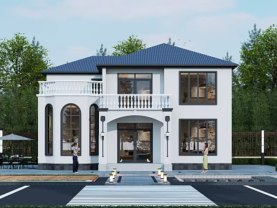 Two Story White Detached Villa With Blue Roof Balcony And Green Trees 3d model