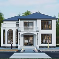 Two Story White Detached Villa With Blue Roof Balcony And Green Trees