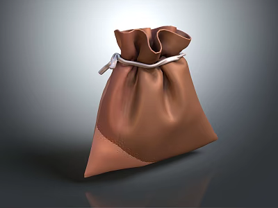 Brown Drawstring Bag for Daily Use with Leather Material and Stitched Details 3d model