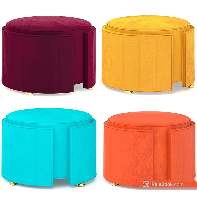Stylish Round Ottoman Stools In Four Colors Purple Yellow Blue Orange With Gold Legs 3d model 