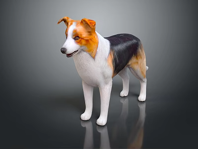 Brown Black and White Dog Figurine Standing on Dark Background with Reflection 3d model