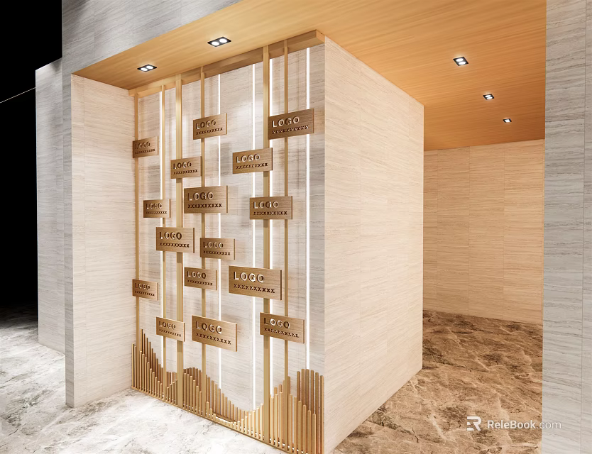 Modern Interior Entrance Design Featuring Wooden Panels Stone Wall And Decorative Plaques With Lighting 3d model 