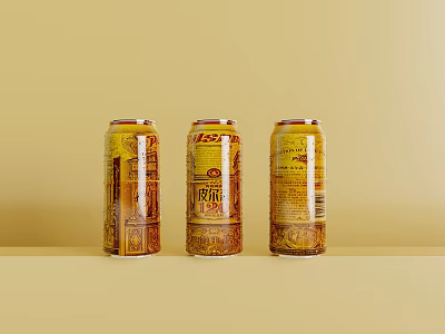 Three Decorative Beer Cans On Yellow Background With Intricate Artistic Designs 3d model