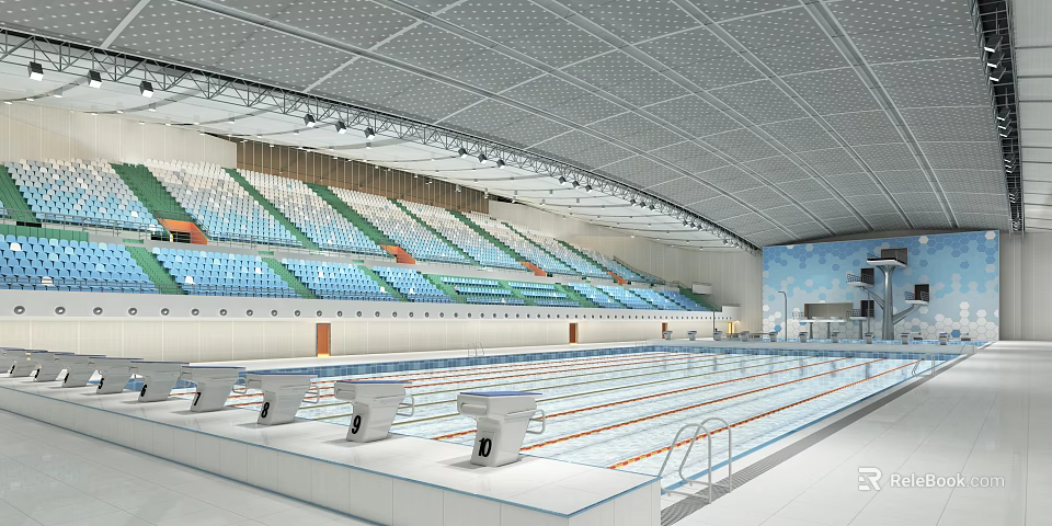 Indoor Swimming Pool with Lanes Starting Blocks and Spectator Seats 3d model 
