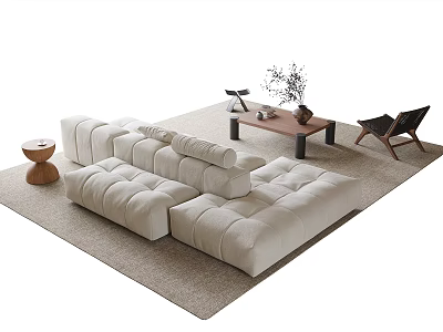 Modern Minimalist Sofa Coffee Table Set With Modular Ivory Sofa Wooden Table Black Chair 3d model