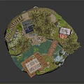 Cartoon Scene With Tiny House Solar Panels Greenhouse Trees Rocks And Water Area