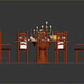 Red Dining Table Set With Six Chairs Tableware Fruits On Red Patterned Rug 3d model