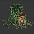 Two Metallic Jellyfish Like Structures With Hanging Tentacles And Circular Bases