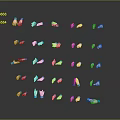 Man's Hands Displaying Various Pink and Blue Gestures Arranged in Rows on Dark Background