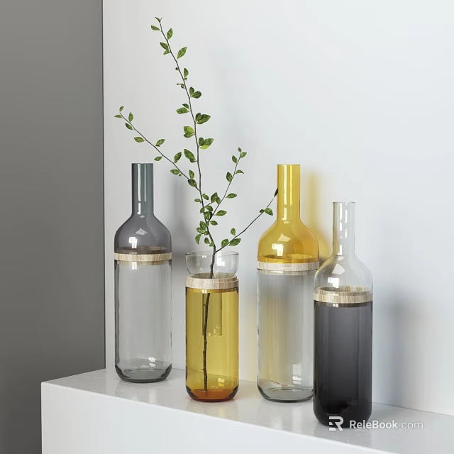 Modern Glass Vases With Green Leaves In Gray Yellow Transparent Tones For Home Decor 3d model 