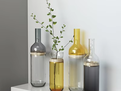 Modern Glass Vases With Green Leaves In Gray Yellow Transparent Tones For Home Decor 3d model