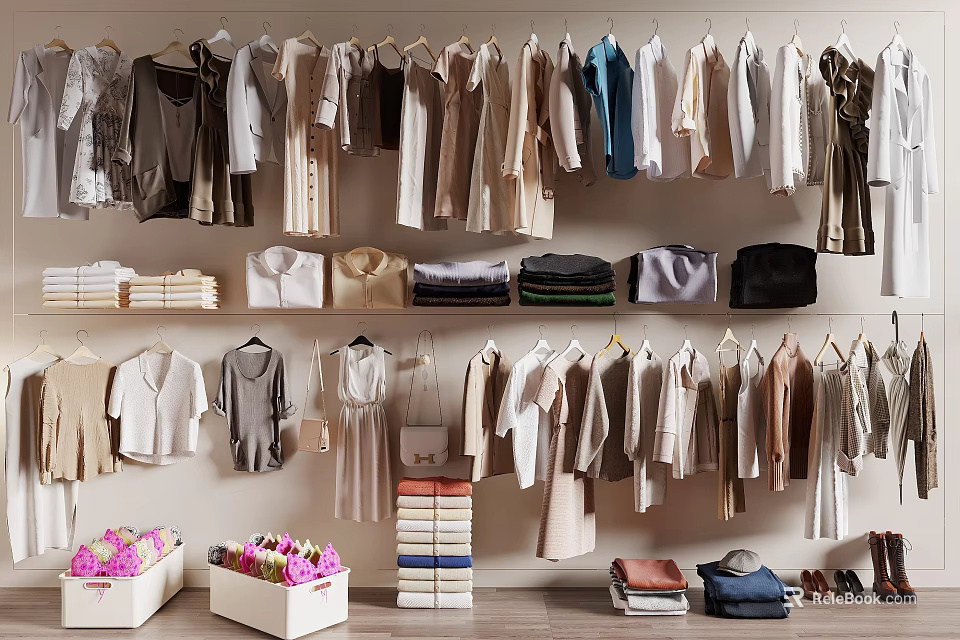 Stylish Hanging Clothes With Various Styles Colors Folded Garments Bags And Shoes 3d model 