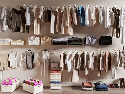 Stylish Hanging Clothes With Various Styles Colors Folded Garments Bags And Shoes 3d model