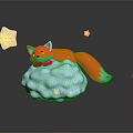 Red Fox Doll Lying On Cloud Shaped Object With Glowing Stars And Dark Background Reflection 3d model