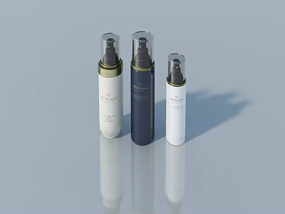 Different Colored Spray Bottles With Silver Lids And Labels On Reflective Surface 3d model