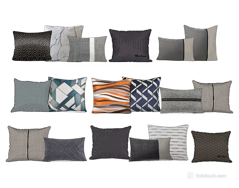 Assorted Decorative Throw Pillows With Various Patterns Colors And Textures 3d model