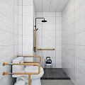 Clean Modern Bathroom Interior With White Tile Walls Black Shower Fixtures And Wooden Grab Bars