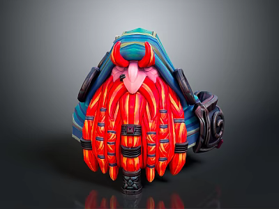 Vibrant Biomechanical Character Creature with Long Red Orange Striped Hair and Mechanical Headgear Purple Accents 3d model