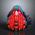 Vibrant Biomechanical Character Creature with Long Red Orange Striped Hair and Mechanical Headgear Purple Accents