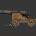 Vintage Cannon with Wooden Carriage Metal Barrel Wheels and Cannonballs on Reflective Surface
