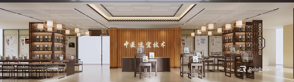 Traditional Chinese Medicine Appropriate Technology Interior Featuring Wooden Display Tables And Chairs 3d model 