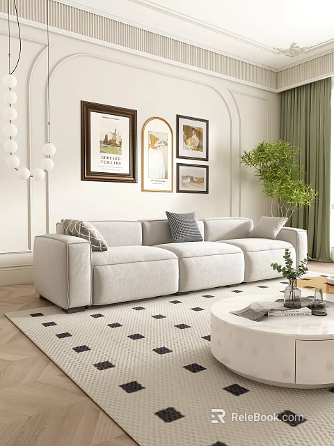 Light Toned Sectional Sofa Living Room with Geometric Rug Round Coffee Table and Framed Artworks 3d model 