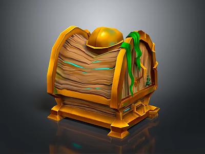 Ornate Vintage Wooden Treasure Chest With Golden Helmet And Green Vines 3d model