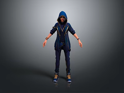Full Body Character In Blue Hoodie With Yellow Stripes Standing On Gray Background 3d model