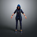 Full Body Character In Blue Hoodie With Yellow Stripes Standing On Gray Background