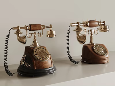 Two Brown Wooden Vintage Telephones With Classic Dial And Coiled Cords 3d model