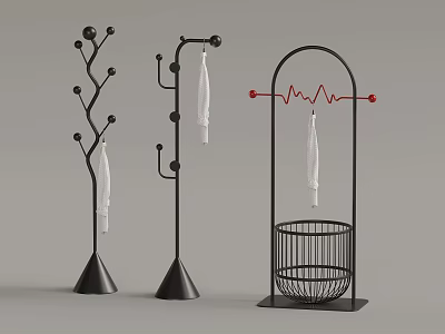 Modern Black Coat Racks With Branch Shaped Arched Designs And Wire Baskets 3d model