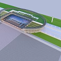 Modern Train Station Exterior Featuring Curved Glass Roof And Green Lawn Spacious Square Design