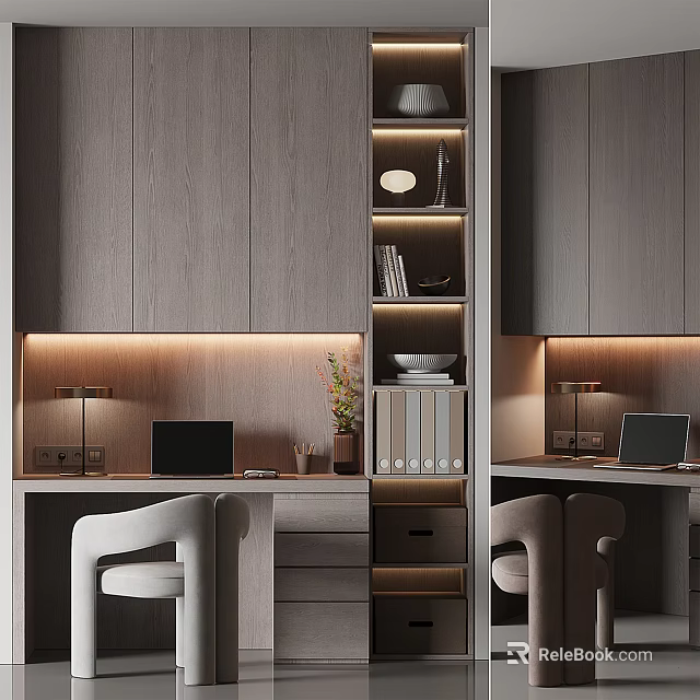 Modern Home Office Interior Design With Wooden Cabinets Built in Bookshelves Table Lamps And Laptops 3d model 