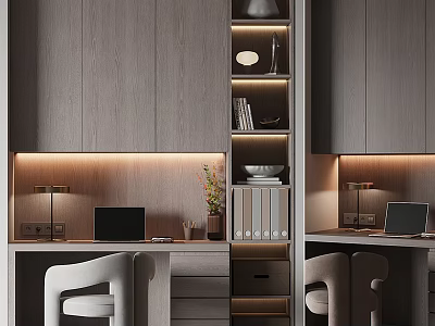 Modern Home Office Interior Design With Wooden Cabinets Built in Bookshelves Table Lamps And Laptops 3d model