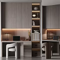 Modern Home Office Interior Design With Wooden Cabinets Built in Bookshelves Table Lamps And Laptops