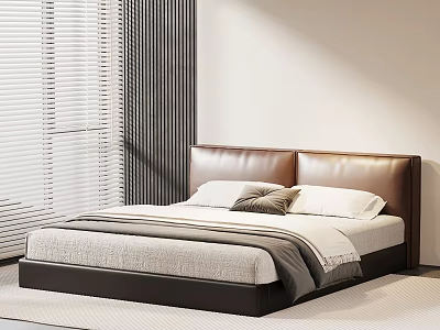 Modern Double Bed With Brown Leather Headboard White Pillows And Gray Cushion 3d model