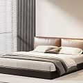 Modern Double Bed With Brown Leather Headboard White Pillows And Gray Cushion