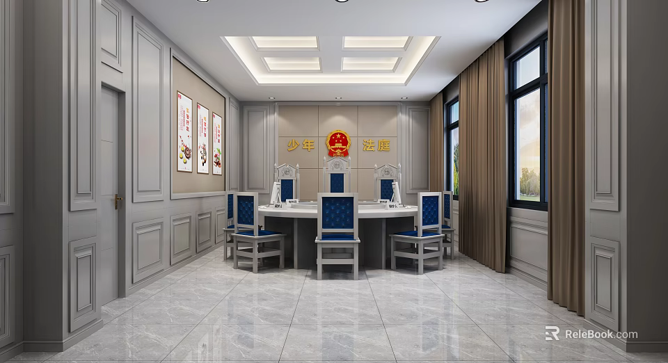 Juvenile Court Interior Design With Formal Setting Wooden Tables Blue Chairs And Wall Artworks 3d model 
