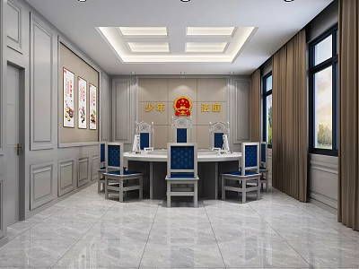 Juvenile Court Interior Design With Formal Setting Wooden Tables Blue Chairs And Wall Artworks 3d model