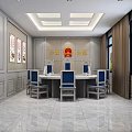 Juvenile Court Interior Design With Formal Setting Wooden Tables Blue Chairs And Wall Artworks