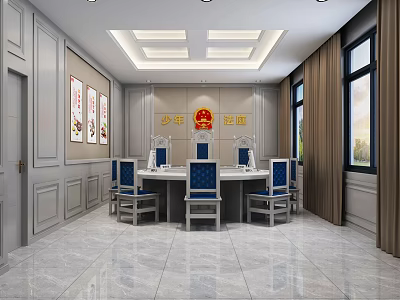 Juvenile Court Interior Design With Formal Setting Wooden Tables Blue Chairs And Wall Artworks 3d model