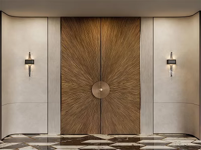 Elegant Wooden Double Door With Radiating Pattern Central Metal Accent Flanking Sconces And Geometric Floor 3d model