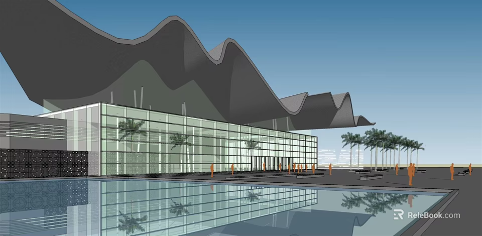 Modern Museum Building With Wave shaped Roof Glass Curtain Wall Water Reflection And Palm Trees 3d model 