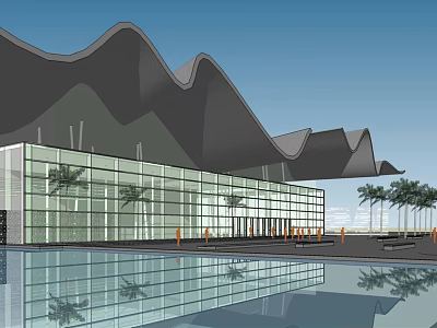 Modern Museum Building With Wave shaped Roof Glass Curtain Wall Water Reflection And Palm Trees 3d model