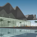Modern Museum Building With Wave shaped Roof Glass Curtain Wall Water Reflection And Palm Trees