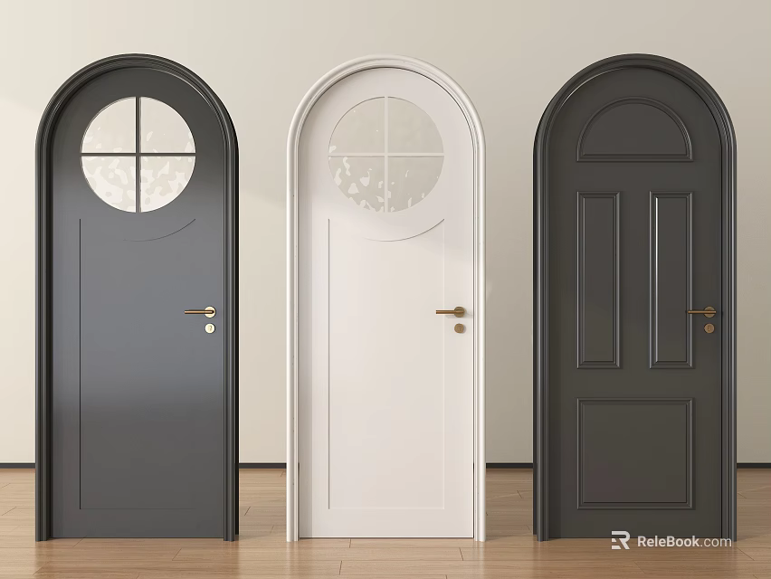 Three Stylish Hinged Doors In Gray And White With Circular Window And Panel Designs 3d model 