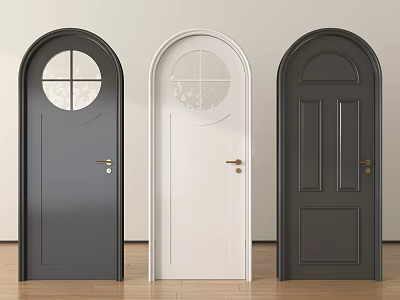 Three Stylish Hinged Doors In Gray And White With Circular Window And Panel Designs 3d model